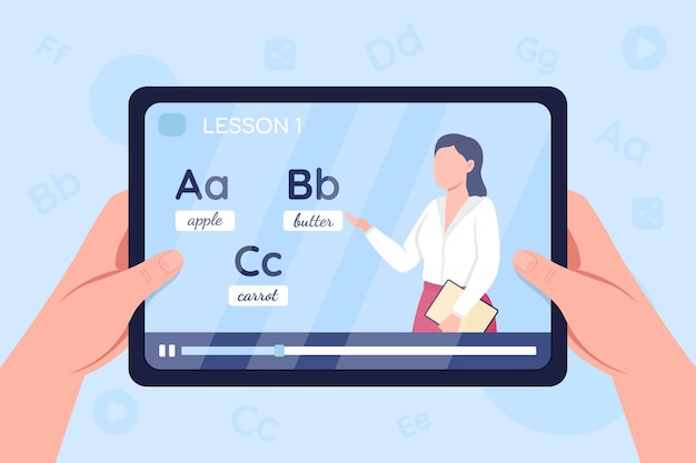 Las manos sostienen la tableta con video en la ilustración de color plano de la clase de aprendizaje de inglés