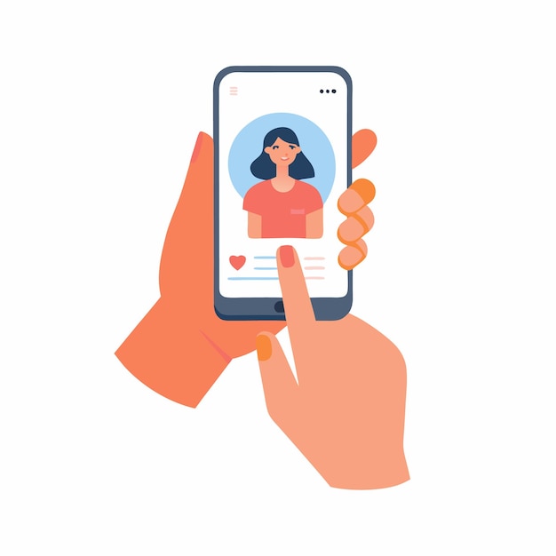 Las manos sostienen el teléfono móvil con una foto de una niña en la aplicación de pantalla en una ilustración vectorial de teléfono inteligente