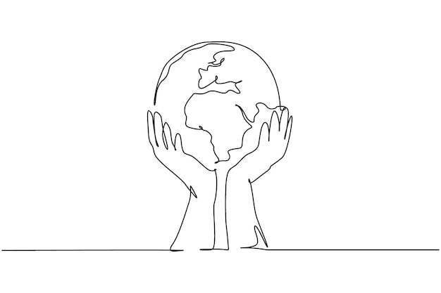 Manos sostienen la tierra Diseño vectorial de icono gráfico de mapa mundial de línea continua única sobre fondo blanco