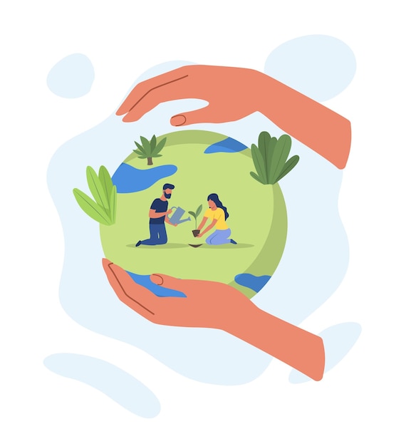 Vector manos sostienen la tierra hombre y niña plantando árboles cuidando el medio ambiente eco activistas residentes responsables producción de oxígeno afiche, pancarta, tarjeta y postal dibujo vectorial plano de dibujos animados