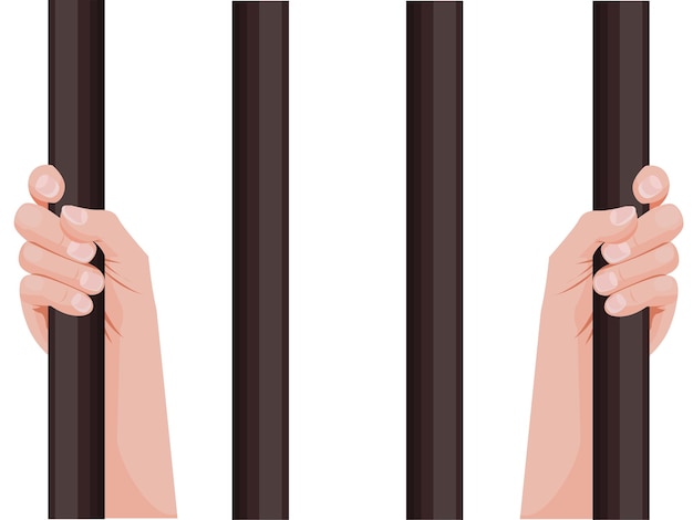 Vector manos sujetando los barrotes de la prisión. el criminal, el hombre tras las rejas. humano en la carcel
