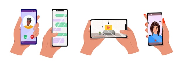 Manos tanto masculinas como femeninas sosteniendo y usando teléfonos inteligentes para varias actividades