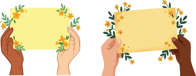 Manos con tarjetas decoradas con flores para invitaciones y anuncios