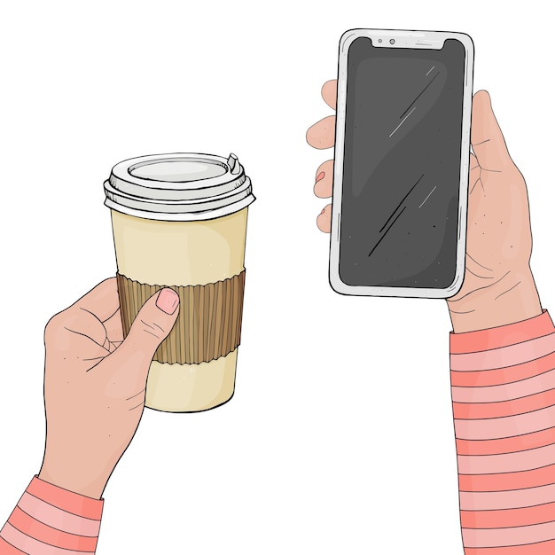 Manos con una taza de café desechable y un teléfono sobre un fondo blanco dibujado en estilo boceto