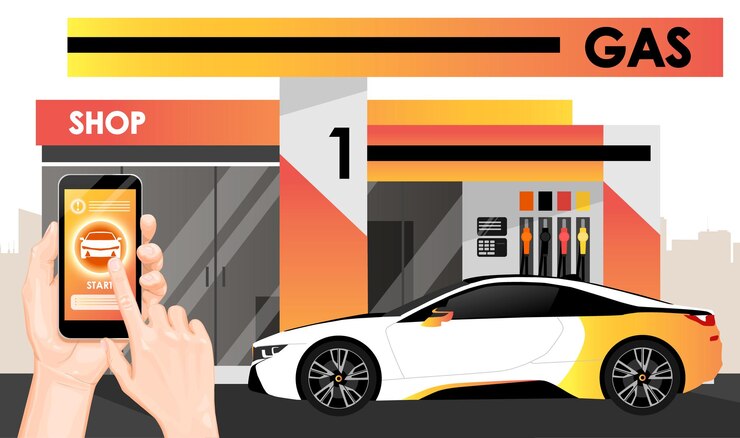 Vector manos con teléfono inteligente con aplicación de servicio de reabastecimiento de combustible en pantalla gasolinera sedán blanco con amarillo naranja degradado maletero bomba de gasolina tienda en la carretera fondo de la ciudad ilustración vectorial
