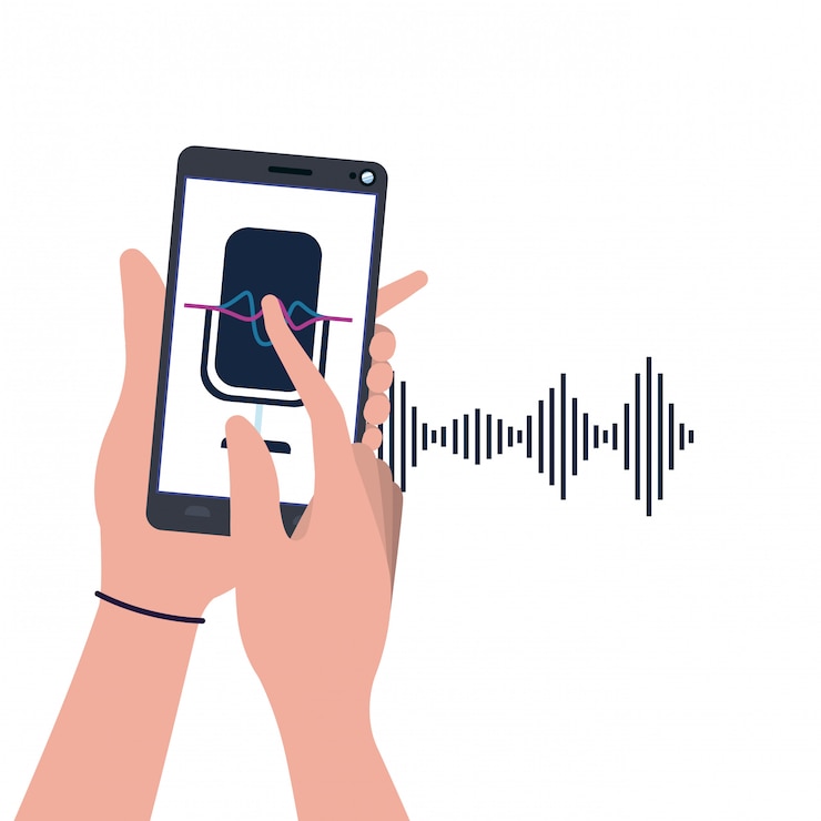 Vector manos con teléfono inteligente y asistente de voz.