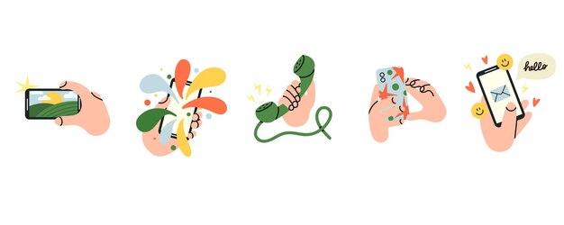 Manos con teléfonos inteligentes Mantenga el teléfono en la mano Conversaciones de compras en línea Hacer fotos Diferentes aplicaciones Comunicación en aplicaciones Dispositivos vintage y modernos Ilustración aislada plana de dibujos animados vectoriales