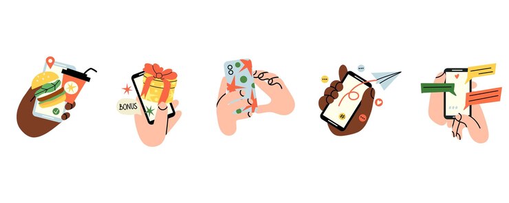 Vector manos con teléfonos inteligentes mantenga el teléfono en la mano hablar de compras en línea hacer fotos entrega de comida diferente aplicación comunicación en la aplicación dispositivo vectorial moderno dibujos animados plano ilustración aislada