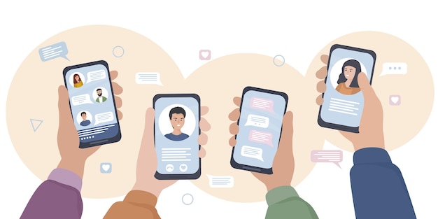 Manos con teléfonos inteligentes. Las personas se comunican en redes sociales y mensajería, chatean, escriben sms en línea y usan videollamadas. Aplicaciones móviles y tecnologías de Internet. vector plano