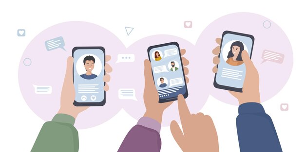 Manos con teléfonos inteligentes Las personas se comunican en redes sociales y mensajeros