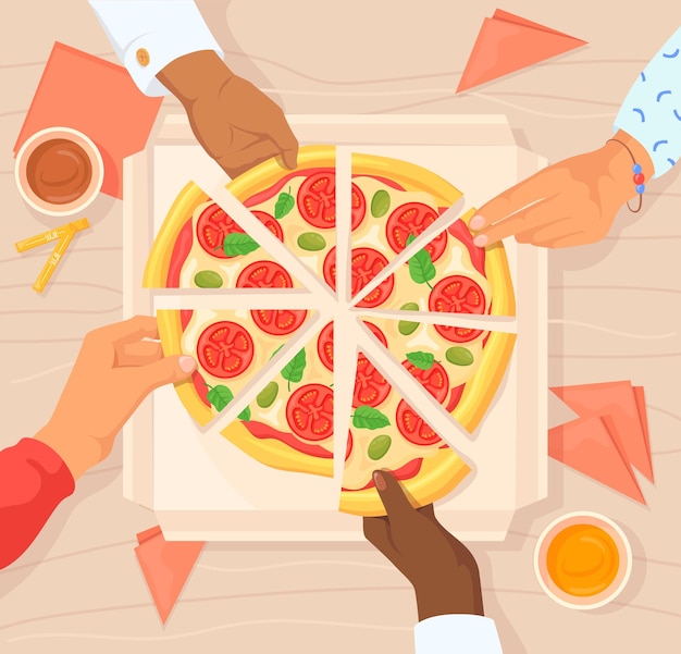 Vector manos tomando pizza fiesta cenando compartir comida con familiares hambrientos o amigos de la esquina agarrar pizzas rebanadas comer plato colegas de la oficina juntos almorzar ordenada ilustración vectorial