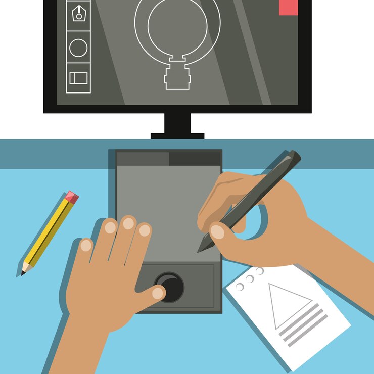 Vector manos trabajando en tableta gráfica y computadora
