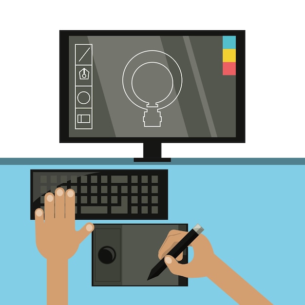manos trabajando en tableta gráfica y computadora