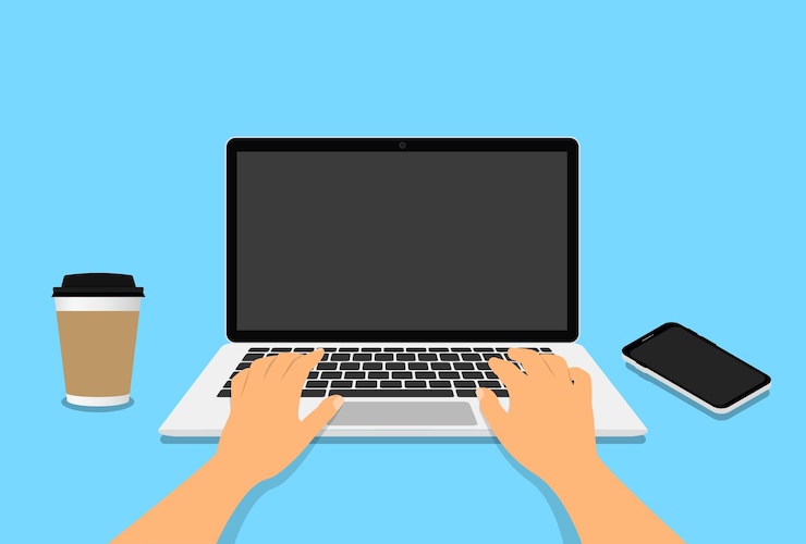Vector manos en el trabajo en el teclado de la computadora portátil con pantalla de monitor en blanco en la mesa. lugar de trabajo con un vaso de café, teléfono. ilustración.