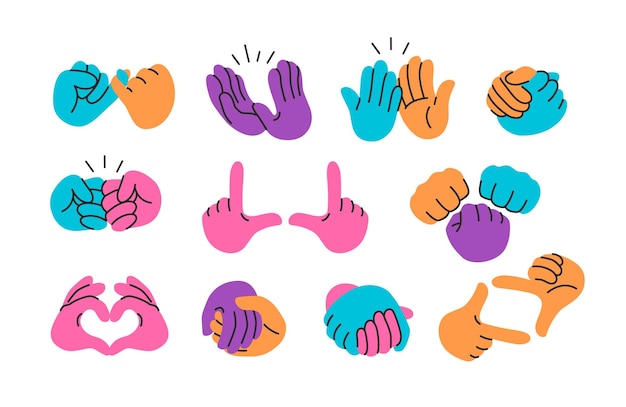 Manos unidas Alto cinco aplausos aplauso y puño golpe pareja apretón de manos dos manos encuadre recorte y gestos en forma de corazón conjunto vectorial
