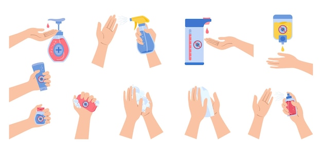 Las manos usan desinfectante en aerosol, jabón de lavado, conjunto de dibujos animados contra el virus covid, botellas desinfectantes de desinfección plana de Coronavirus, colección de gel antiséptico