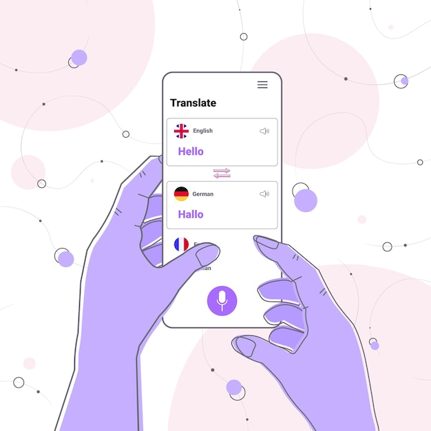 Manos usando la aplicación de traducción móvil saludo multilingüe comunicación internacional concepto de diccionario en línea