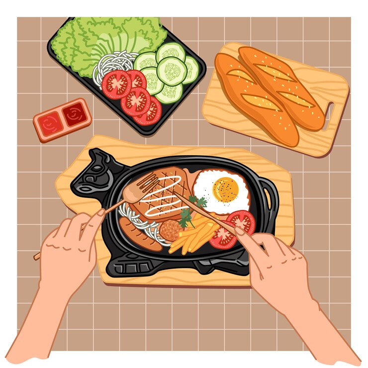Manos usando un cuchillo y un tenedor para comer filete de res tortilla salchicha papas fritas pan y vegetales crudos