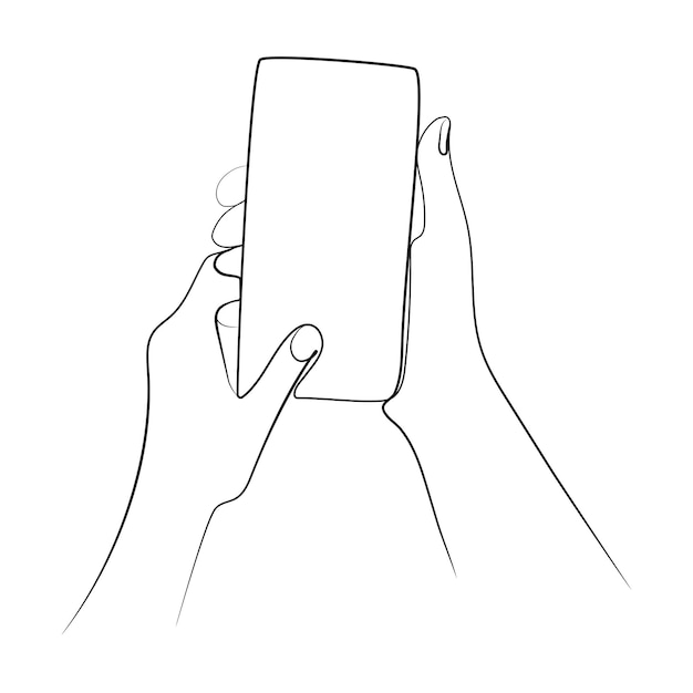 Manos usando la ilustración de vector de dibujo de línea continua de teléfono inteligente. mano sosteniendo un smartphone moderno