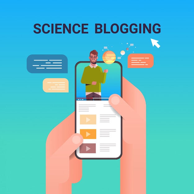 Manos usando el teléfono inteligente con el blogger científico de astronomía en la pantalla hombre dando capacitación educativa sobre el sistema solar transmisión en vivo blogging concepto retrato en línea aplicación móvil