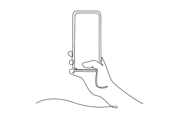 manos usando teléfono inteligente Calculadora de teléfono inteligente Concepto de portátil Diseño de dibujo de línea única Vector