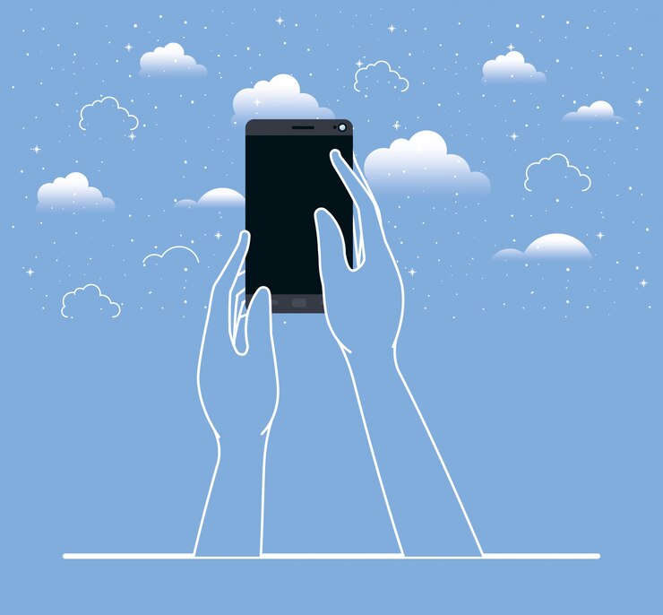 Vector manos usando teléfono inteligente en el cielo