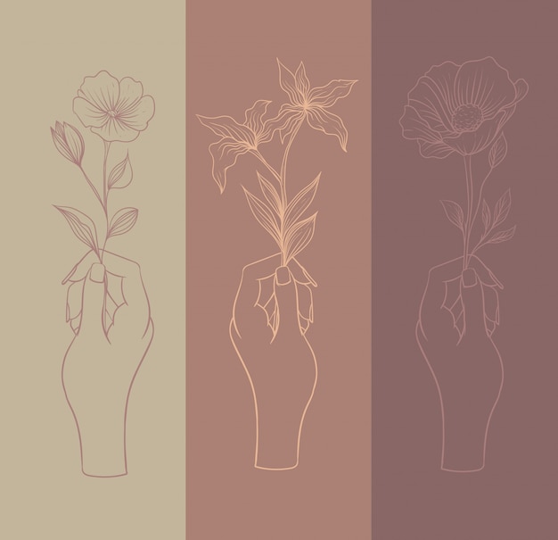 Vector manos con varios tipos de flores, arte lineal