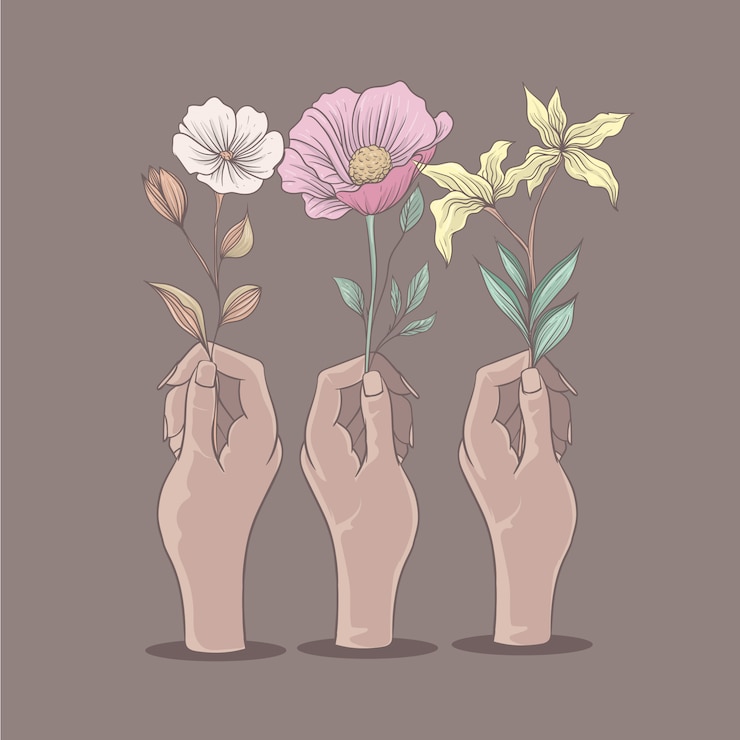 Vector manos con varios tipos de flores ilustración de color suave