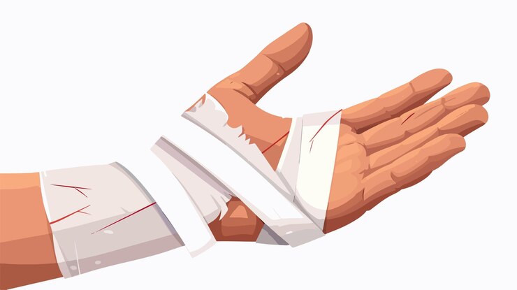 Vector manos con vendajes elásticos para el tratamiento de lesiones y heridas
