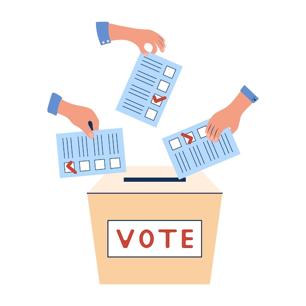 Las manos de votación dejan caer el papel de votación en el elemento de la caja de votación para el diseño de elecciones vector aislado
