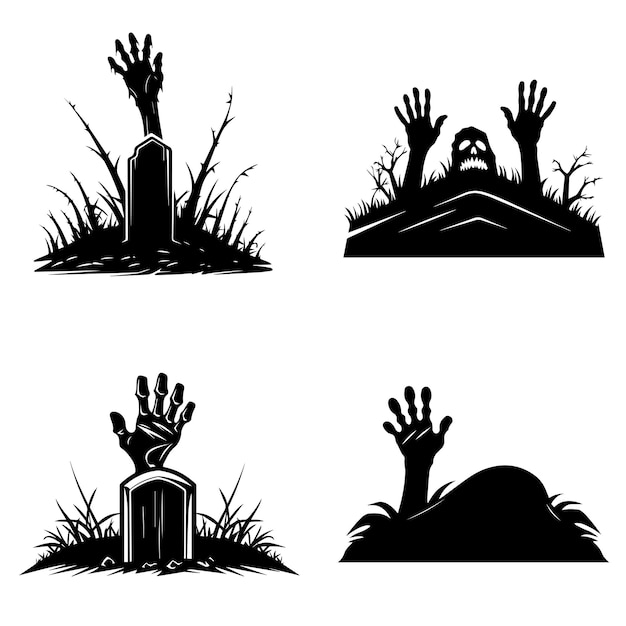 Las manos de Zombie saliendo de la tumba Colección de elementos de silueta de Halloween de dibujos animados