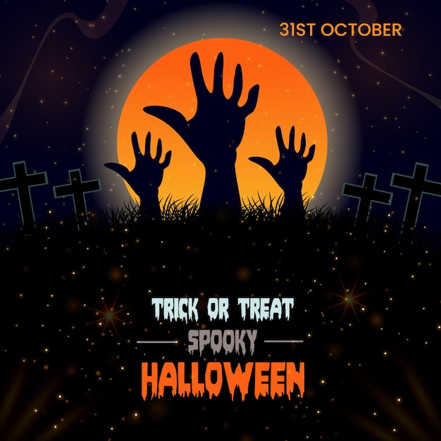Manos de zombis y plantilla de banner de Halloween abstracto de luna llena 02