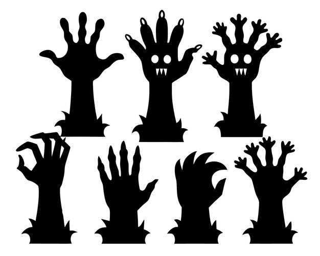 Manos de zombis que se levantan del suelo con murciélagos Manos de zombies que se elevan diseño vectorial de silueta