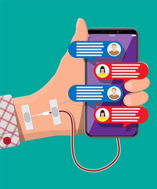 Mans mano conectada con aguja al teléfono inteligente móvil