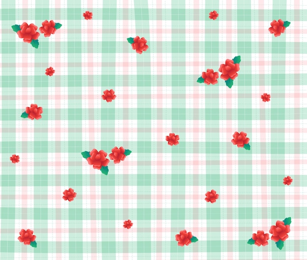 Mantel de ilustración de vector de trazo editable de fondo de patrones de guinga de flor de rosa roja verde