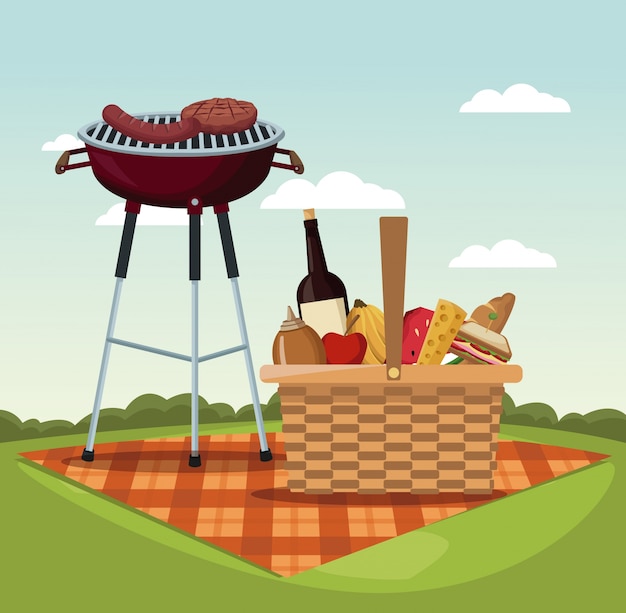 mantel de picnic con comida y bebidas y barbacoa parrilla