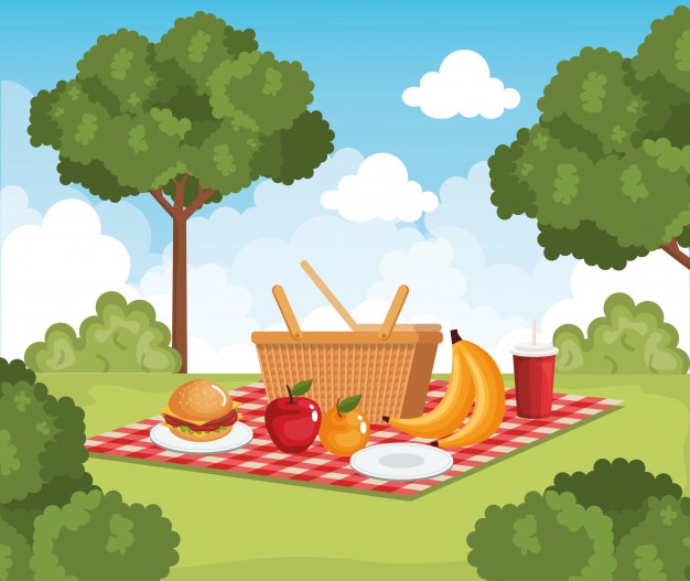 Vector manteles de picnic con escena de comida