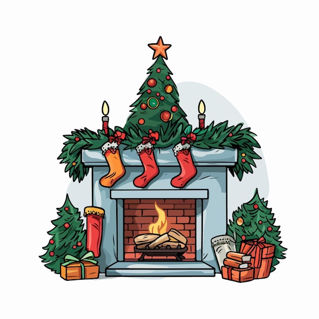 mantelpiece en la habitación y árboles de Navidad ilustración vectorial plana mantelpiece en la habitación y árboles de Navidad dibujo a mano ilustración vectorial aislada