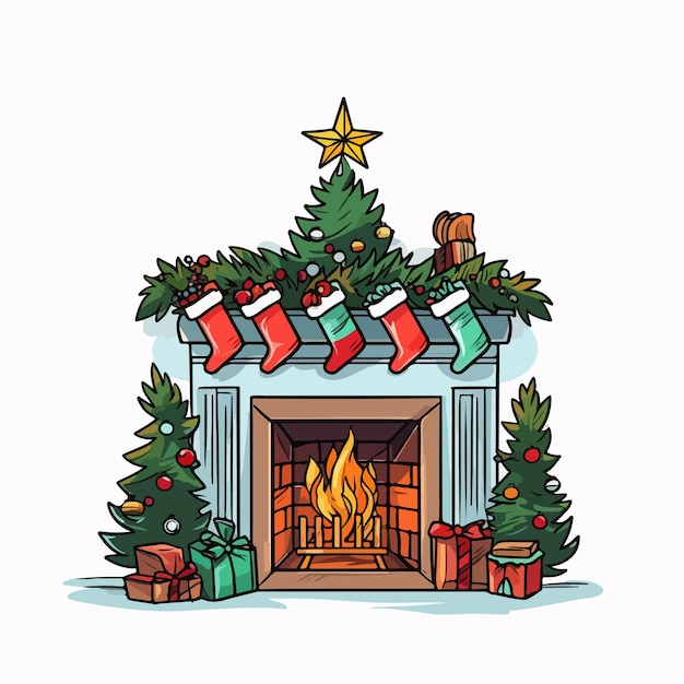 mantelpiece en la habitación y árboles de Navidad ilustración vectorial plana mantelpiece en la habitación y árboles de Navidad dibujo a mano ilustración vectorial aislada