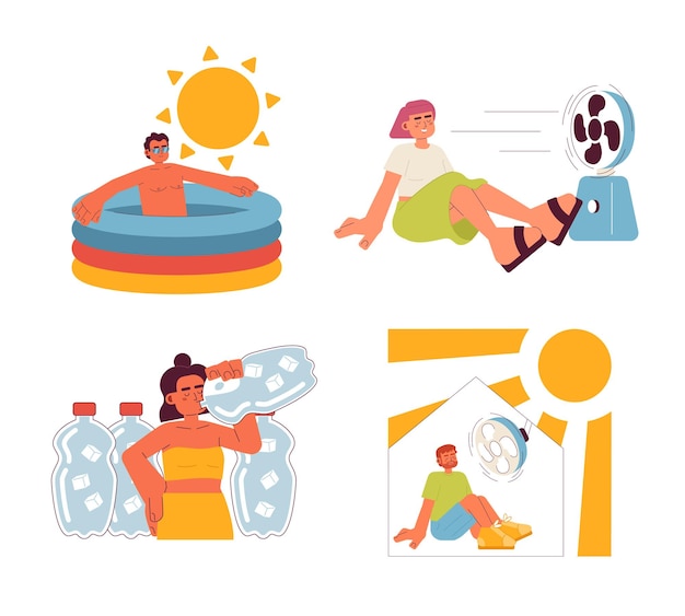 Mantenerse fresco durante la ola de calor conjunto de ilustraciones de puntos vectoriales de concepto plano Seguridad de verano personajes de dibujos animados 2D en blanco para diseño de interfaz de usuario web Hidratación en el hogar aislado paquete de imágenes de héroes creativos editables