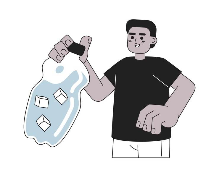 Vector mantenerse hidratado en el verano concepto monocromático ilustración de punto vectorial joven negro con botella de agua 2d plano bw personaje de dibujos animados para diseño de interfaz de usuario web imagen de héroe dibujada a mano aislada editable