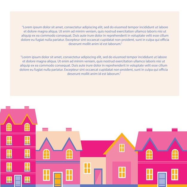 Mantenerse a salvo. Colección divertida de la casa feliz, cara kawaii, sonrisa, mejillas rosadas, ojos grandes. colores pastel. Plantilla de tarjeta de banner para su texto, espacio de copia, aislado sobre fondo blanco. Vector