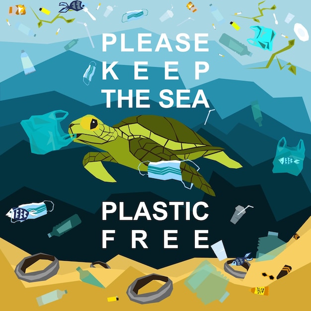 Mantenga el mar libre de plástico Pescado en la bolsa de plástico Ilustración conceptual sobre el problema de la contaminación de los océanos del mundo
