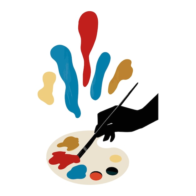 Manteniendo el pincel a la mano mezclando colores en la ilustración vectorial de la paleta del artista