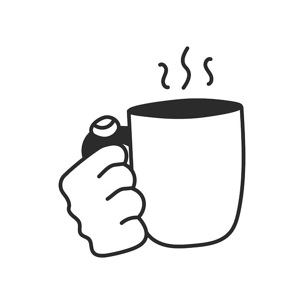 Manteniendo la taza en la mano con la bebida caliente Icono de línea de Doodle Ilustración vectorial de café y té