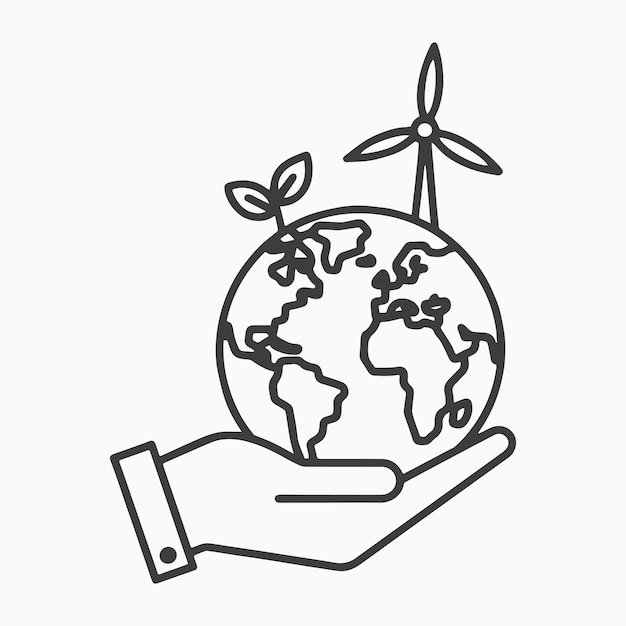 Mantenimiento del globo terrestre con la turbina eólica y el brote de la planta