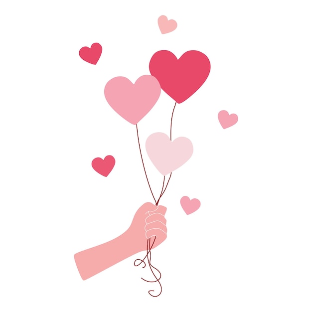 Mantenimiento de la mano Balones de corazón rosado aislados sobre fondo blanco Ilustración vectorial de dibujos animados planos Decoración de vacaciones de Día de San Valentín Plantilla de tarjeta de felicitación Concepto de amor y sentimientos románticos