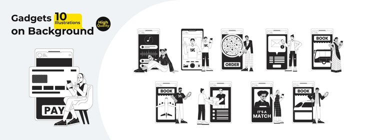 Mantenimiento de la pantalla de la aplicación móvil dibujos animados manos humanas contorno ilustración paquete milenario en el teléfono 2D aislado negro y blanco colección de imágenes vectoriales aplicaciones plano monocromático dibujo clip arts