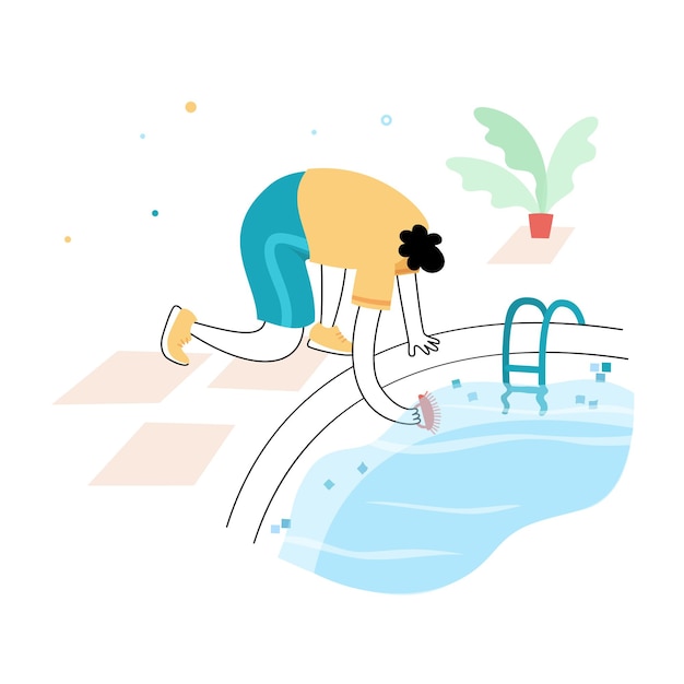 Mantenimiento de piscinas. ilustración de vector de hombre choques y alguicidas en la piscina