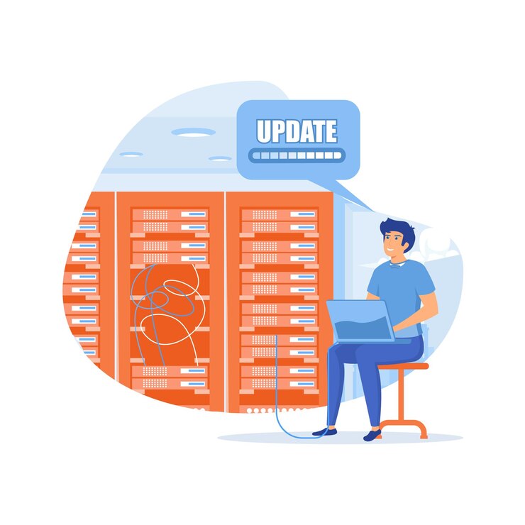 Vector mantenimiento de servidores hombre que trabaja en la sala de hardware del estante del servidor actualizaciones y optimización del sistema informático